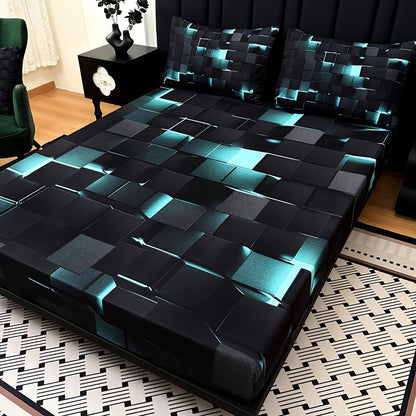 Digital Print Fitted Sheet Set 3 Piece Deep Pocket 15" – Plaid & Mechanical Pattern Bed Sheet with 2 Pillowcases, All Season Microfiber Bedding for Home & Dorm, Twin Full Queen King, 7 Colors