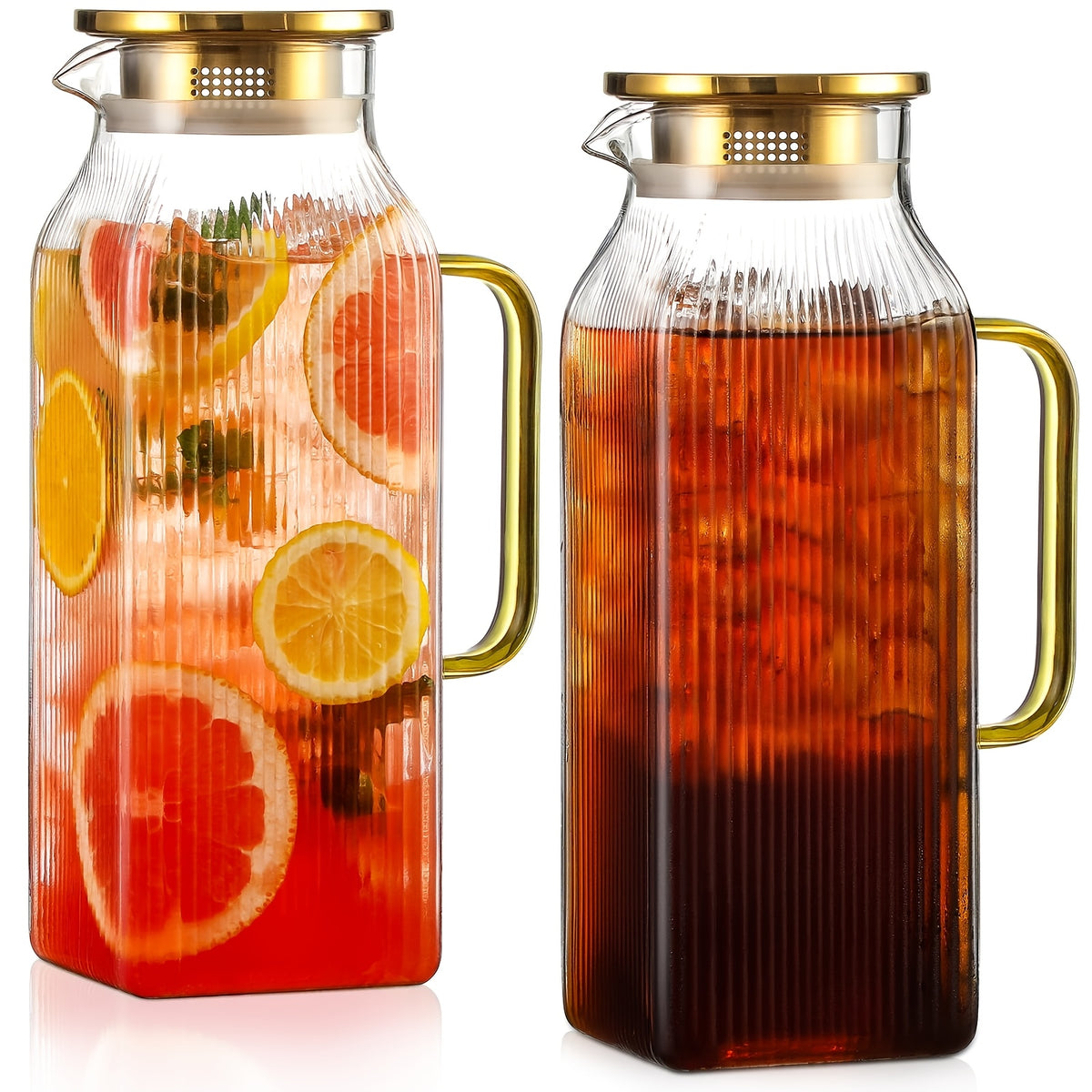 Glass Pitcher with Lid & Handle 68oz – Borosilicate Water Jug for Fridge, Iced Tea, Coffee Carafe & Cold Drinks, Heat Resistant, 304 Stainless Steel Lid, 1 or 2 Pack