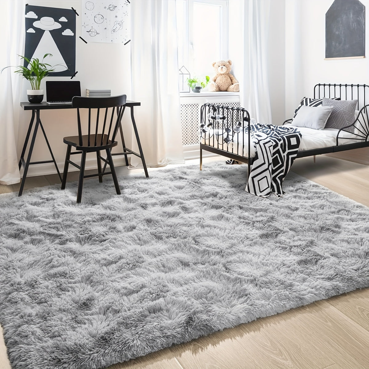 Fluffy Area Rug Non-Slip Soft Plush Carpet for Living Room Bedroom Kitchen Bathroom – Modern Home Decor Floor Mat Easy to Clean – Multiple Sizes & Colors Coffee Gray Black