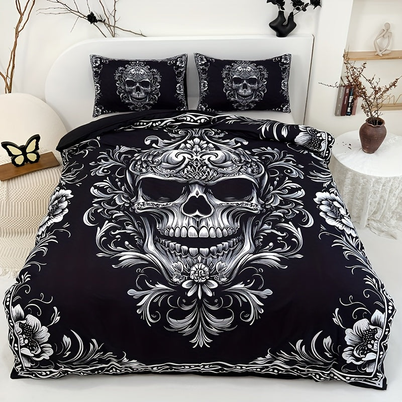 Skull Duvet Cover Set Queen King Twin Full – Gothic Victorian Baroque Black White Halloween Bedding 3-Piece Set with 2 Pillowcases, High Definition Print, Soft Microfiber