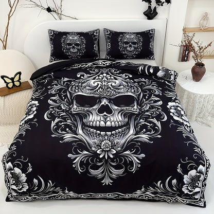 Skull Duvet Cover Set Queen King Twin Full – Gothic Victorian Baroque Black White Halloween Bedding 3-Piece Set with 2 Pillowcases, High Definition Print, Soft Microfiber