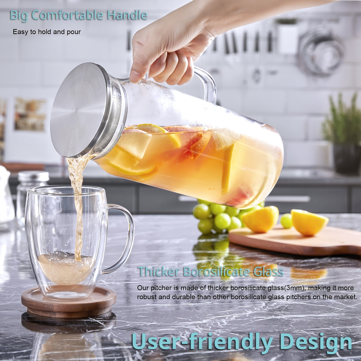 Glass Pitcher with Lid & Handle 68oz – Borosilicate Water Jug for Fridge, Iced Tea, Coffee Carafe & Cold Drinks, Heat Resistant, 304 Stainless Steel Lid, 1 or 2 Pack