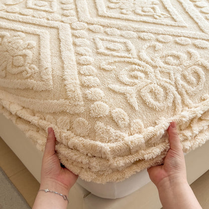 Fitted Sheet Twin Full Queen King Plush Embossed Texture, Thick Warm Mattress Protector for Autumn Winter Bedding, Soft Washable Bed Sheet European Design in Gray Blue Coffee Off White Deep Gray