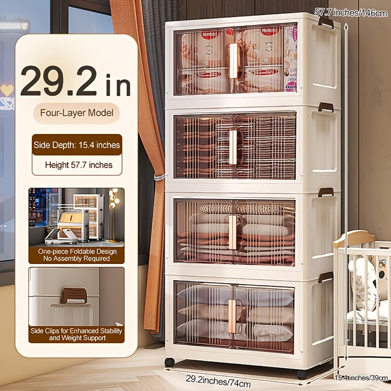 Folding Storage Cabinet with Wheels & Lids – 3/4/5-Tier Extra Large Stackable Plastic Storage Bins Organizer, Translucent Magnetic Doors, for Home, Office, Kitchen, Bathroom, Garage