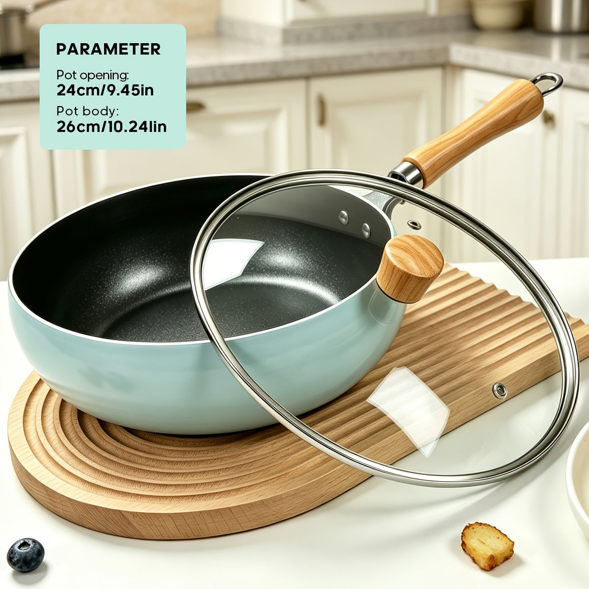 Japanese Wok Large Bellied Non Stick Cookware with Heat Resistant Handle, Fits Gas & Induction Stoves, Pressure Cooker for Soups & Stewing, Chafing Dish Alternative, Kitchen Camping Gadget