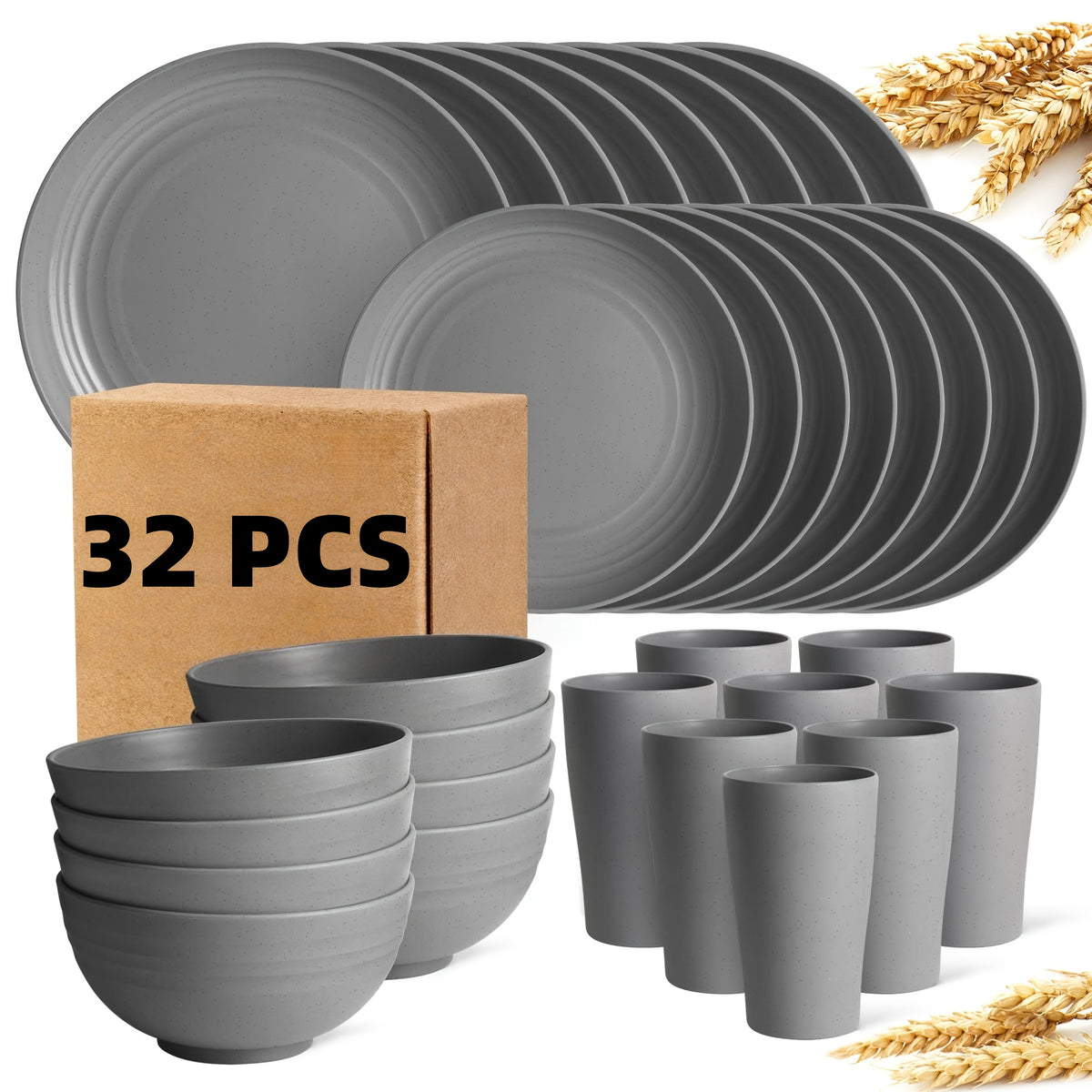 Wheat Straw Dish Set for 4 or 8 – 16 or 32 Piece Unbreakable Dinnerware Set with Dinner Plate, Dessert Plate, Cereal Bowl & Cup, Dishwasher Safe Lightweight Tableware for Camping, Everyday Use & Gifts