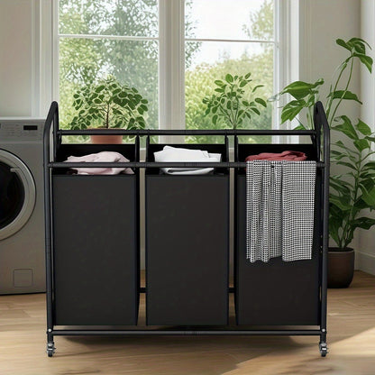 Laundry Basket 3-Bag Sorter Cart 63 Gallon Rolling Lockable Wheels Removable Bags Heavy Duty Hamper for Bedroom Laundry Room Black Gray Beige Brown