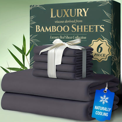Bamboo Cooling Bed Sheets 6 Piece Set - 17 Inch Deep Pocket Fitted Sheet for Hot Sleepers, Cloud-Soft Luxury Flat Sheet & Pillowcases, Twin Full Queen King, Breathable Hypoallergenic Bedroom Bedding