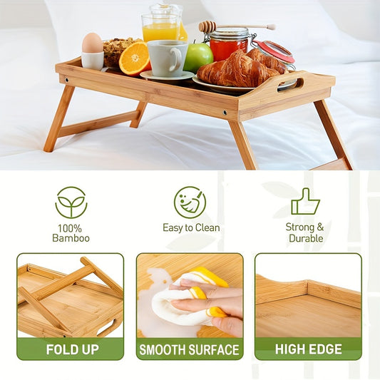 Bamboo Breakfast Tray with Folding Legs & Handles 2 Pack, Extra Wide Foldable Bed Tray Table for Eating Working Drawing, Portable Lap Desk for Sofa Bed Couch, Natural Bamboo with 10 Paper Plates