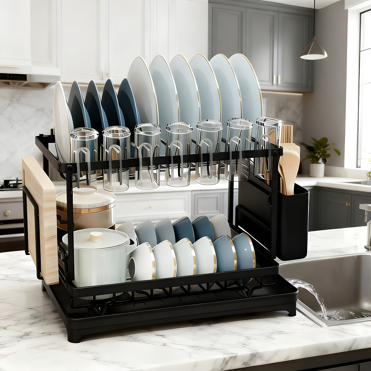 Metal Dish Drying Rack 2 Tier with Drainboard – Rust-Resistant Countertop Dish Drainer, Space-Saving Kitchen Organizer for Plates Cups Utensils, Available in Gray White Black