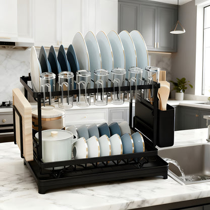 Metal Dish Drying Rack 2 Tier with Drainboard – Rust-Resistant Countertop Dish Drainer, Space-Saving Kitchen Organizer for Plates Cups Utensils, Available in Gray White Black