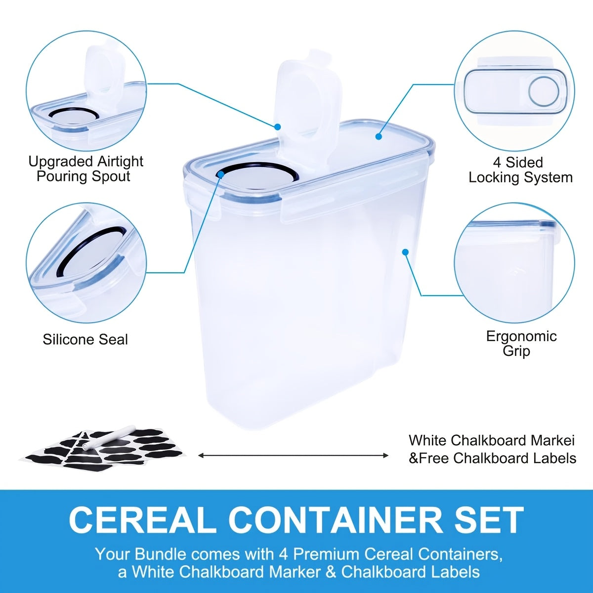 Pour Spout Food Storage Containers 4 Pack Extra Large 4L/135oz – BPA-Free Airtight Pantry Canisters for Cereal Flour Rice Nuts Grains, Includes Free Labels & Marker Pen, Kitchen Pantry Organization