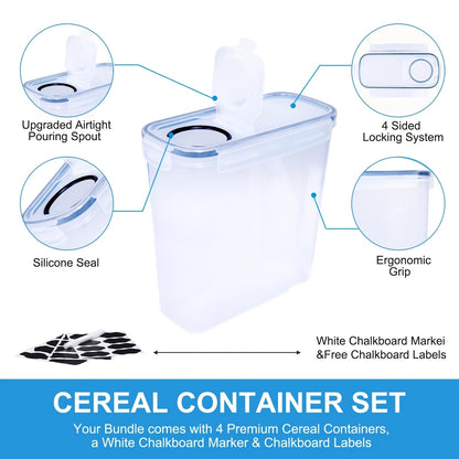 Pour Spout Food Storage Containers 4 Pack Extra Large 4L/135oz – BPA-Free Airtight Pantry Canisters for Cereal Flour Rice Nuts Grains, Includes Free Labels & Marker Pen, Kitchen Pantry Organization