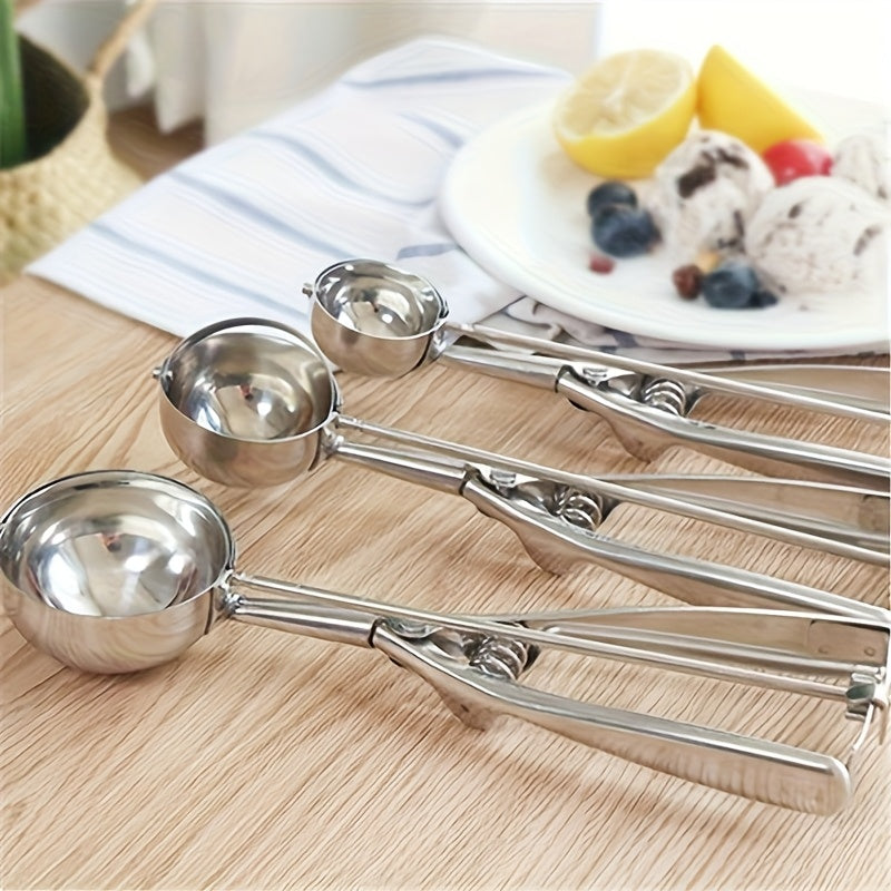 3pcs Stainless Steel Ice Cream Scoop Set Triggered Cookie Scoop Fruit Watermelon Scoop 1/2/3 Tbsp, Dishwasher Safe Baking Tools for DIY Ice Cream Cookie Dough Dessert Restaurants
