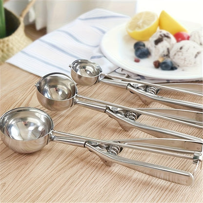 3pcs Stainless Steel Ice Cream Scoop Set Triggered Cookie Scoop Fruit Watermelon Scoop 1/2/3 Tbsp, Dishwasher Safe Baking Tools for DIY Ice Cream Cookie Dough Dessert Restaurants