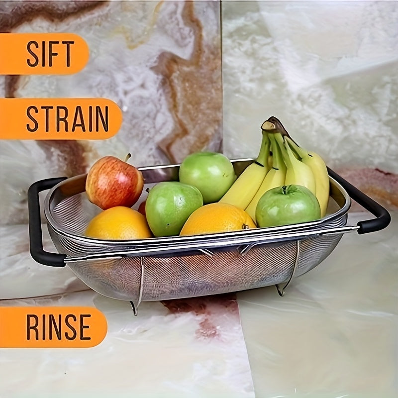 Expandable Stainless Steel Colander Basket - Fine Mesh Strainer with Drain Basket for Washing Vegetables Fruits Pasta, Adjustable Kitchen Sink Strainer, Small & Large Available