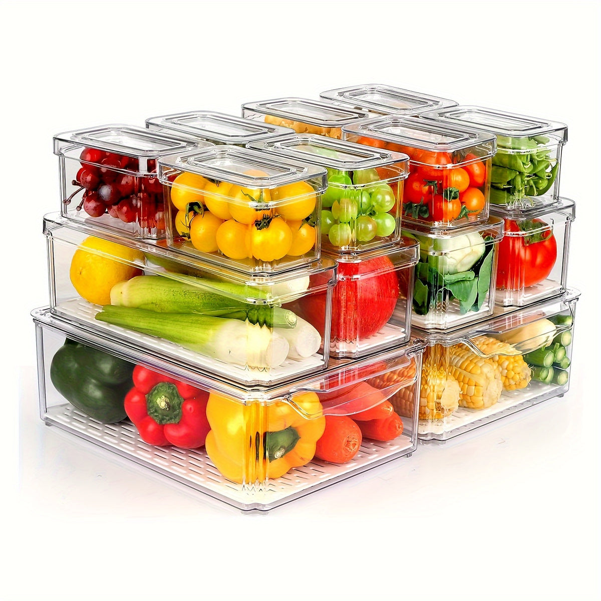 Fridge Organizer Bins with Lids 14 Pack Stackable Clear Refrigerator Storage Containers for Fruit Vegetable Food Drinks Cereals Kitchen Pantry Organization