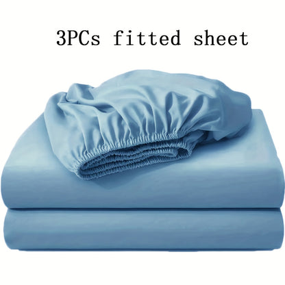 Soft Fitted Bed Sheet Set 3-Piece with 2 Pillowcases – Solid Color Layered Fitted Sheet for Bedroom Guest Room Hotel Mattress Protection