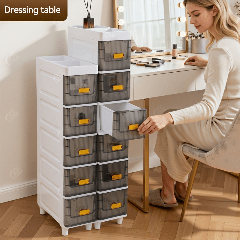 Slim Storage Cabinet with Drawers 3 4 5 6 Tier, Waterproof PP Plastic Drawer Organizer Unit for Bathroom Kitchen Bedroom, Narrow Rolling Storage Cart with Wheels for Small Spaces