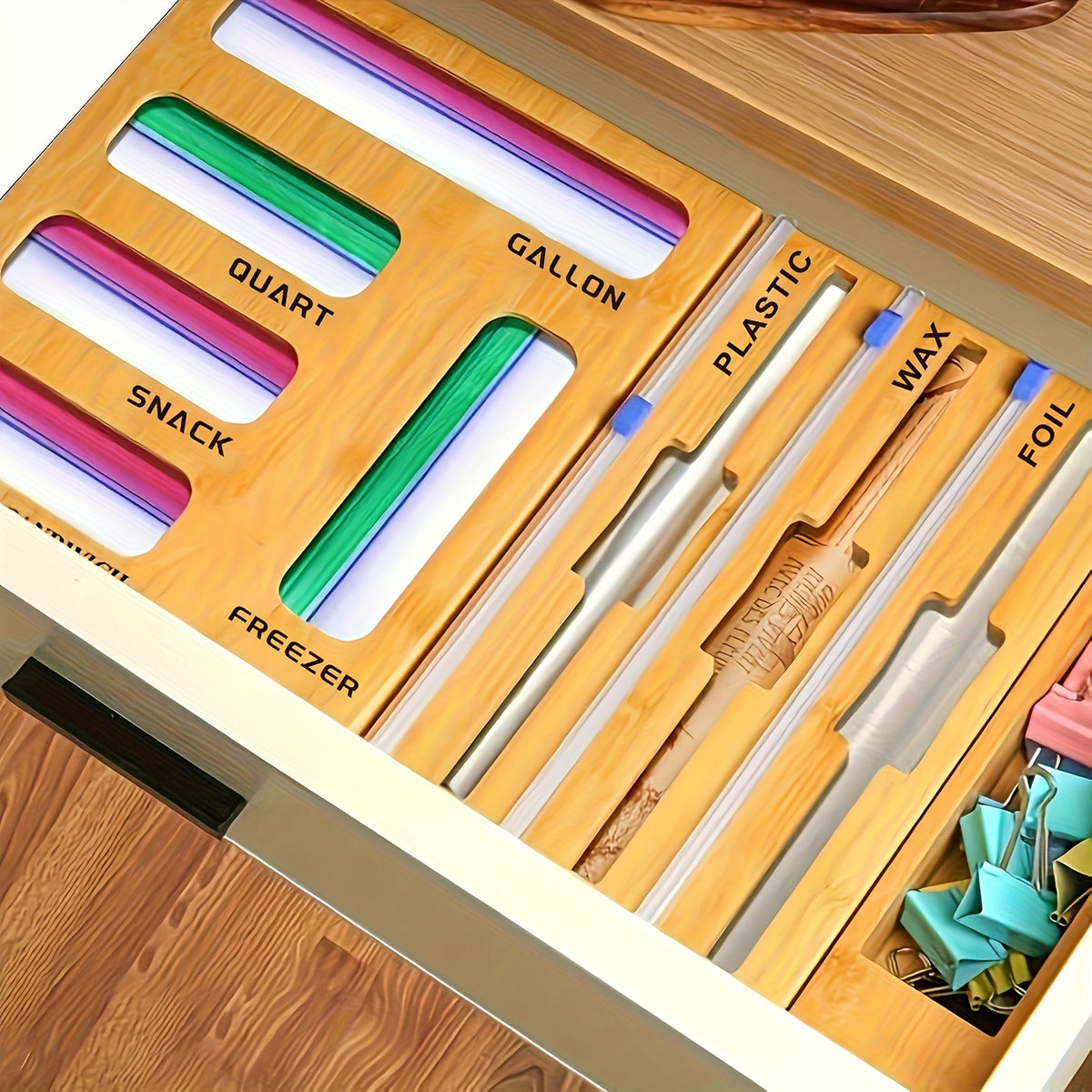Bamboo Kitchen Drawer Organizer 7-in-1 & 9-in-1 – Plastic Wrap, Foil & Storage Bag Holder with Cutter, Compatible with Gallon, Quart, Sandwich & Snack Size Bags, Kitchen Drawer Storage