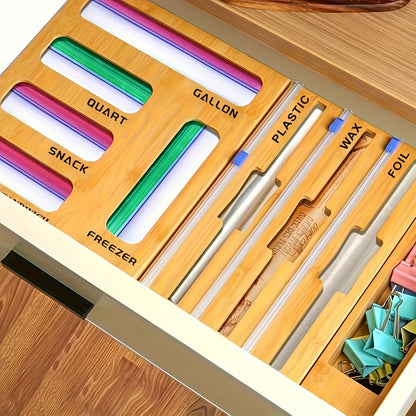 Bamboo Kitchen Drawer Organizer 7-in-1 & 9-in-1 – Plastic Wrap, Foil & Storage Bag Holder with Cutter, Compatible with Gallon, Quart, Sandwich & Snack Size Bags, Kitchen Drawer Storage