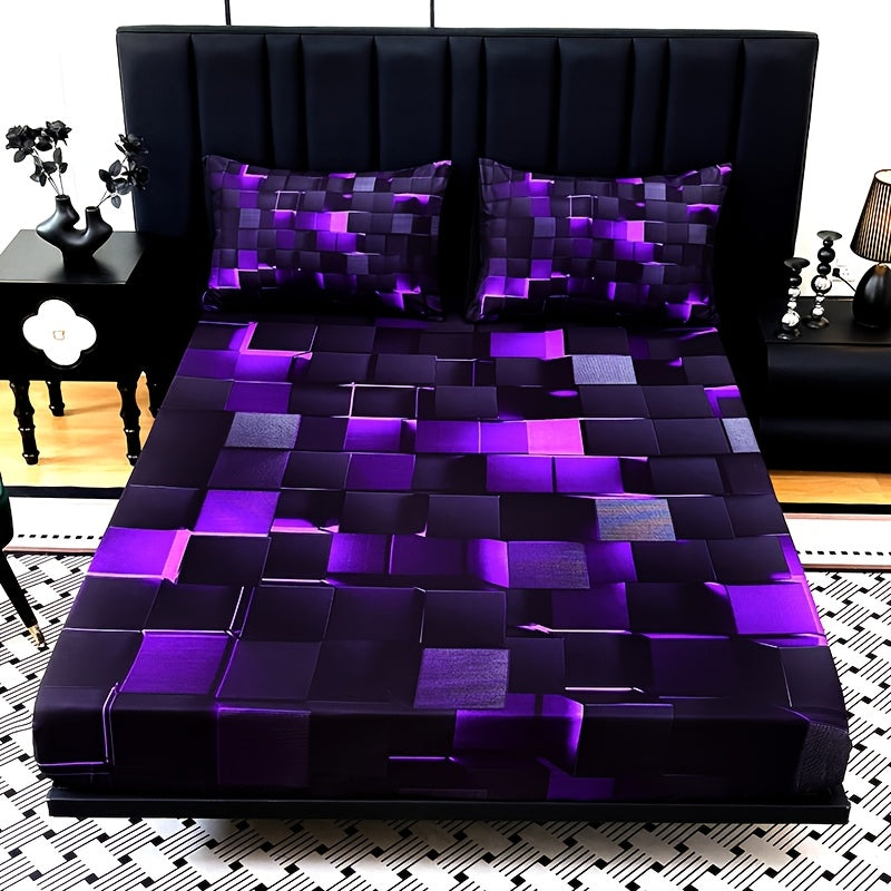 Digital Print Fitted Sheet Set 3 Piece Deep Pocket 15" – Plaid & Mechanical Pattern Bed Sheet with 2 Pillowcases, All Season Microfiber Bedding for Home & Dorm, Twin Full Queen King, 7 Colors