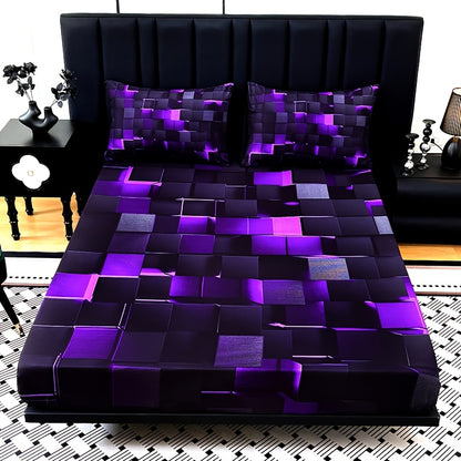Digital Print Fitted Sheet Set 3 Piece Deep Pocket 15" – Plaid & Mechanical Pattern Bed Sheet with 2 Pillowcases, All Season Microfiber Bedding for Home & Dorm, Twin Full Queen King, 7 Colors