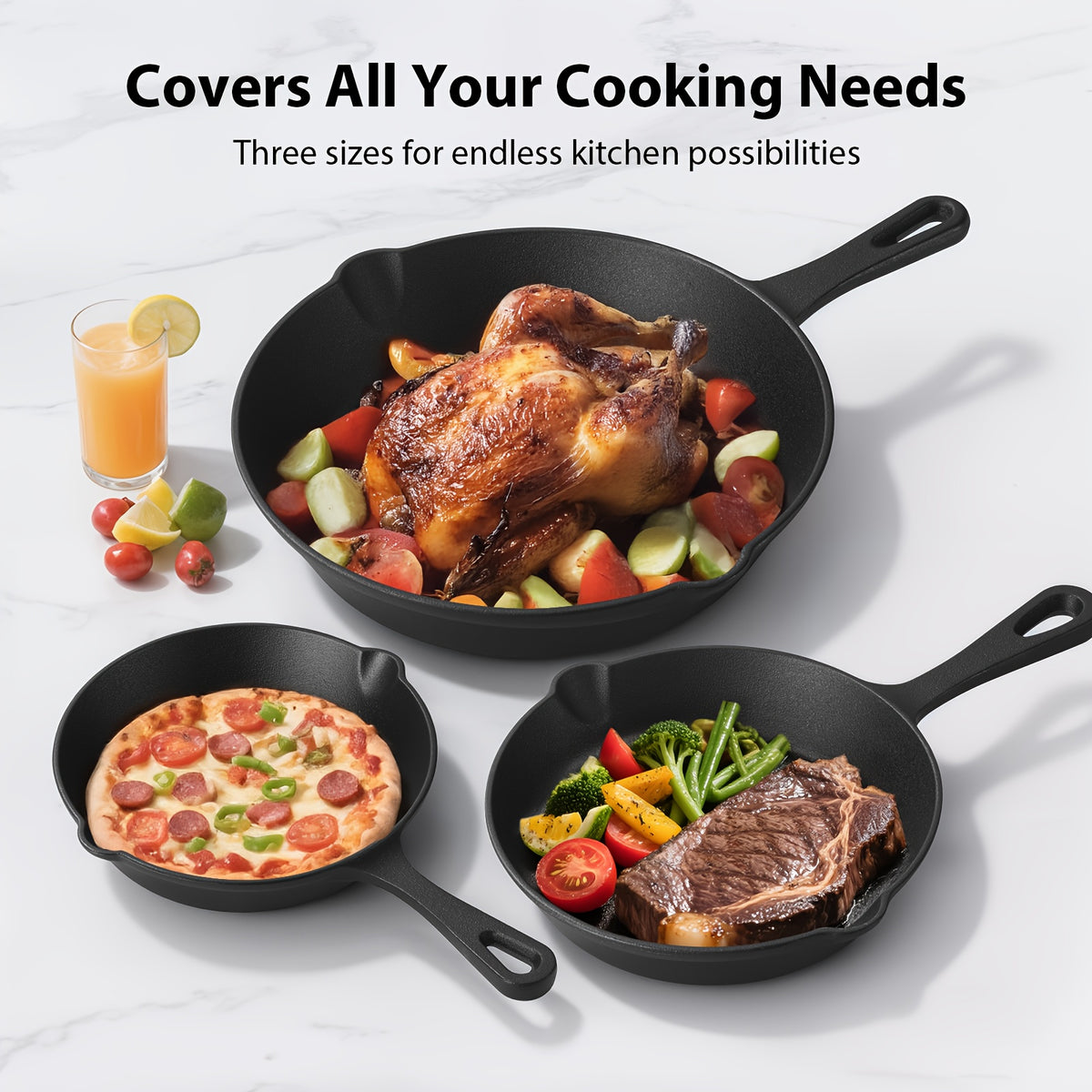 Cast Iron Skillet Set Pre-Seasoned 4 or 5 Piece Professional Grade Non-Stick Cookware for Frying Sauteing Baking Indoor Outdoor Oven Grill Safe Black
