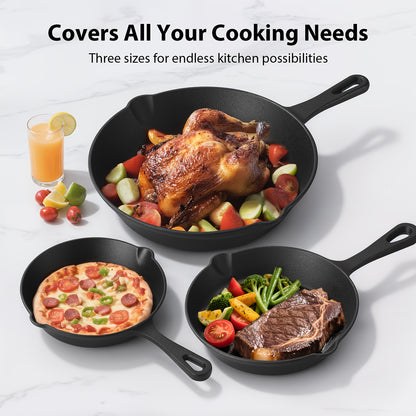 Cast Iron Skillet Set Pre-Seasoned 4 or 5 Piece Professional Grade Non-Stick Cookware for Frying Sauteing Baking Indoor Outdoor Oven Grill Safe Black