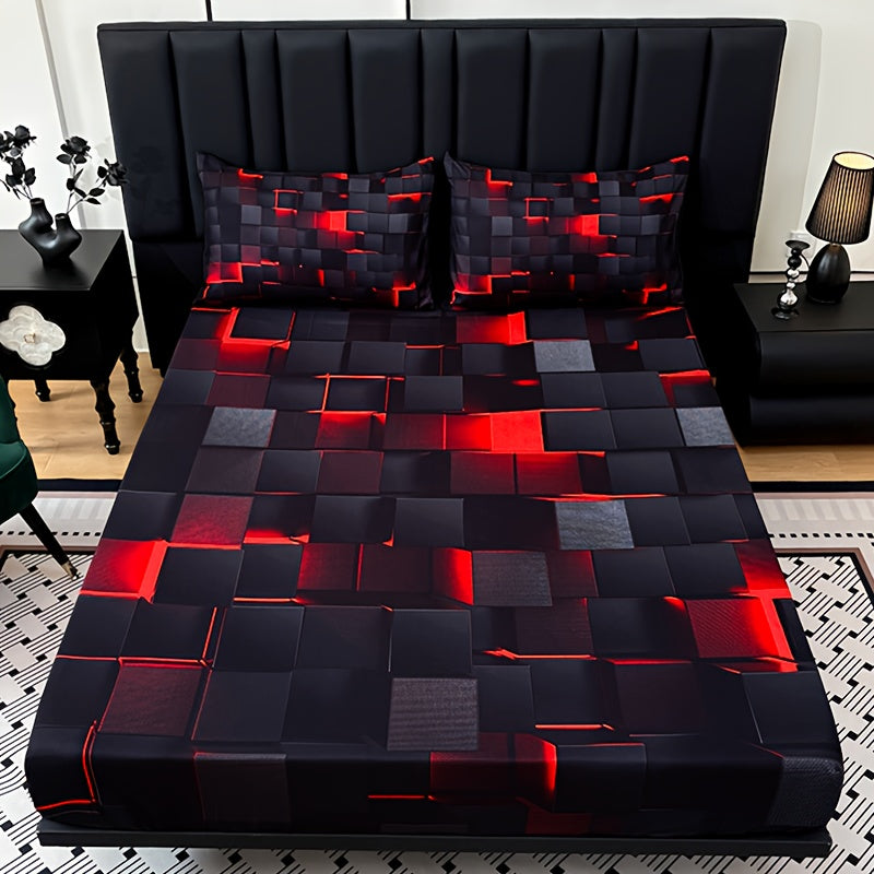 Digital Print Fitted Sheet Set 3 Piece Deep Pocket 15" – Plaid & Mechanical Pattern Bed Sheet with 2 Pillowcases, All Season Microfiber Bedding for Home & Dorm, Twin Full Queen King, 7 Colors