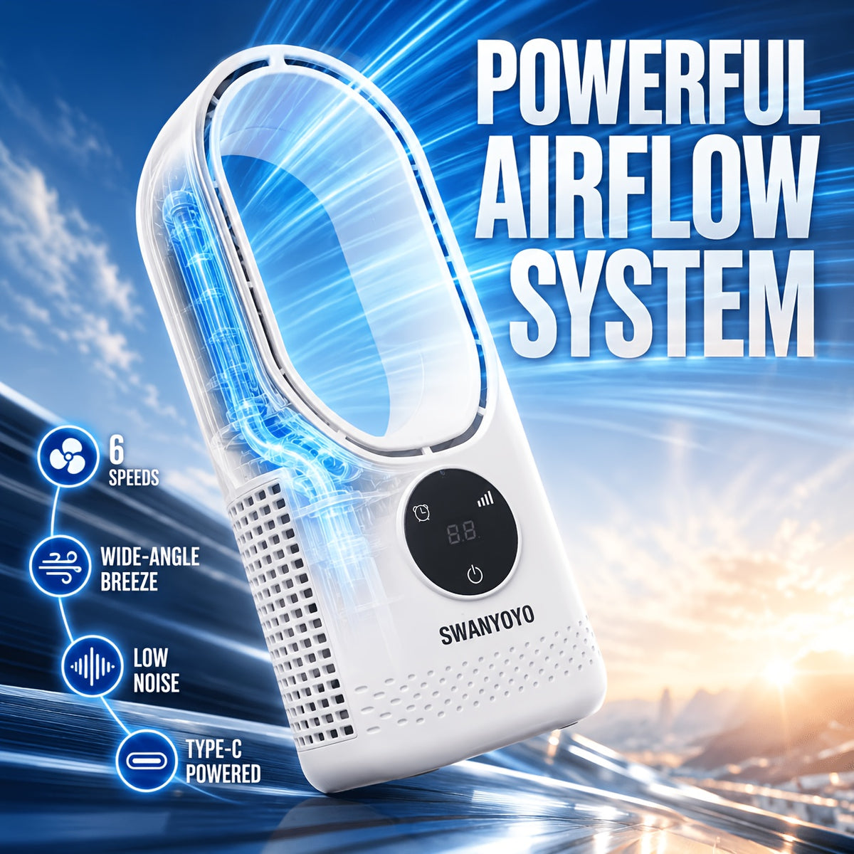 Desktop Bladeless Fan USB Powered – Water Mist Cooling Tower Fan with Remote Control, Touch Screen, 7-Color LED Light, Timer & Auto Shutdown, Portable for Office Home Travel Camping, Blue or White