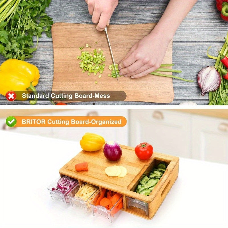 Bamboo Cutting Board with Trays and Drawers, Large Chopping Board with Food Sliding Opening and Stackable Airtight Containers for Food Storage Transport and Cleanup, Kitchen Gift for Home Cooks
