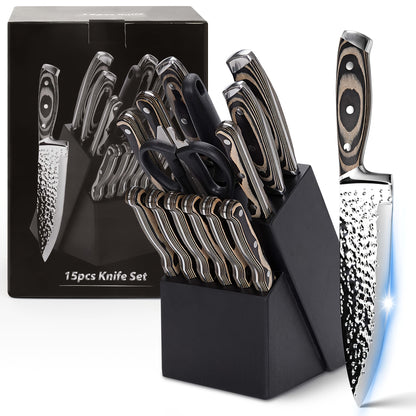 Knife Block Set with Self Sharpener 15pcs Hammered Stainless Steel Chef Knife Set with Wooden Block Steak Knives Self Sharpening Kitchen Knives Gift for Men Family