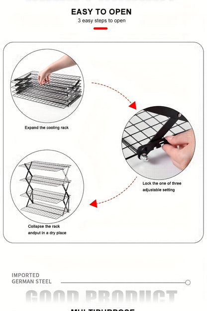 Collapsible Baking Cooling Rack 3 or 4 Tier – Stackable Metal Wire Rack for Baking Trays with Adjustable Settings, Baking Tools Set & Camping Grill for Cooking, Cooling & Cake Drying