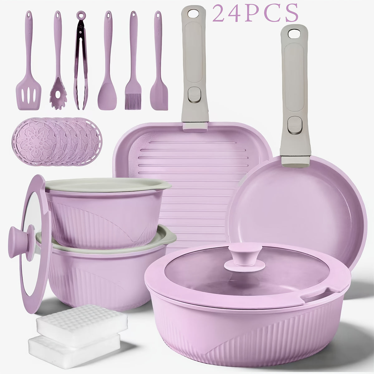 Non-Stick Cookware Set with Removable Handles, 5 7 24 Piece Induction Ready Pots and Pans Set, Stackable Space Saving Kitchen Set with Skillet Frying Pan Soup Pot Steak Pan, Easy to Clean, Multiple Colors