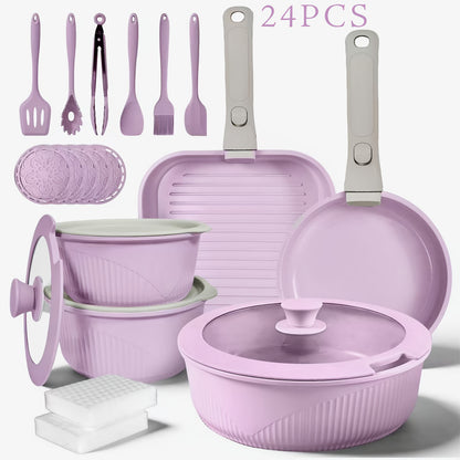 Non-Stick Cookware Set with Removable Handles, 5 7 24 Piece Induction Ready Pots and Pans Set, Stackable Space Saving Kitchen Set with Skillet Frying Pan Soup Pot Steak Pan, Easy to Clean, Multiple Colors