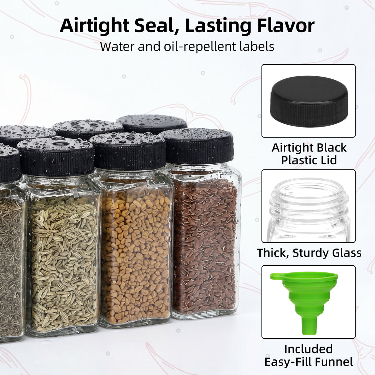 Glass Spice Jars Set with Labels and Shaker Lids, 4oz Square Airtight Seasoning Bottles with Collapsible Funnel Brush and Marker, BPA-Free Kitchen Spice Organizer for Rack Drawer Cabinet, 16/24/36/48 Pack