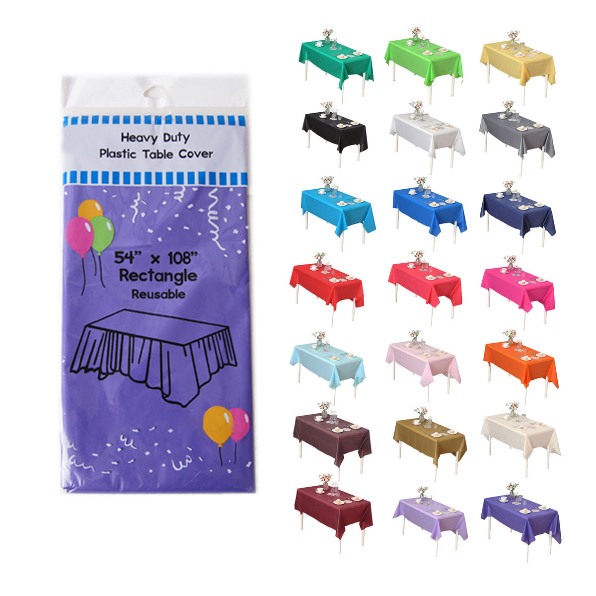 Disposable Plastic Tablecloth 12-Pack – Heavy Duty Table Cover for Parties, 84" Round & 54"x108" Rectangle, 22 Colors for Kitchen Dining Outdoor Events