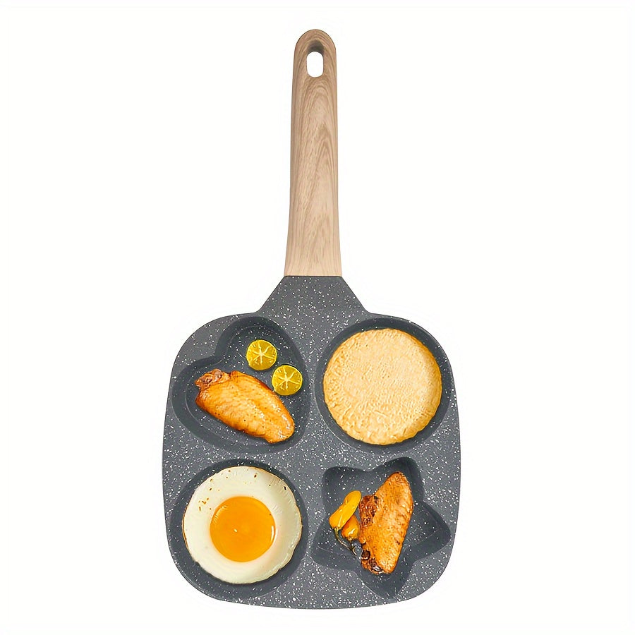 Non-Stick Breakfast Skillet Set – 4-Hole Egg Pan & 5-Piece Cookware Set with Heat-Resistant Wooden Handle for Eggs, Burgers & Omelettes, Easy Clean, Perfect for Home Kitchen Cooking