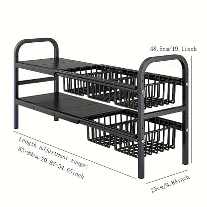 Under Sink Organizer 2 Tier Expandable Cabinet Shelf, Under Sink Storage with Detachable Panels and Baskets, Adjustable Under Sink Cabinet Organizer for Kitchen Bathroom Pantry, 3 or 5 Shelf Options
