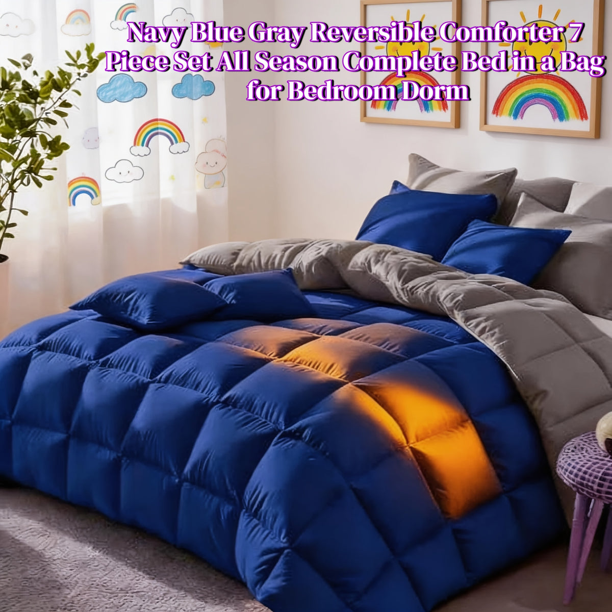 Comforter Sets Queen King Full 7 Piece Bed in a Bag – Soft Satin-Like Fabric, Breathable Quilt Set with Fitted Sheet, Flat Sheet & 4 Pillowcases, Multiple Colors for Bedroom Hotel School