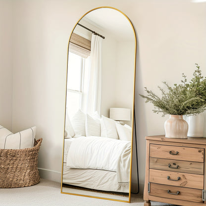 Arched Floor Mirror Full Length Freestanding, 58×19 Inch Full Body Mirror with Stand for Bedroom Living Room, Large Standing Mirror Hanging Wall Mounted Cloakroom Vanity Mirror Black Gold