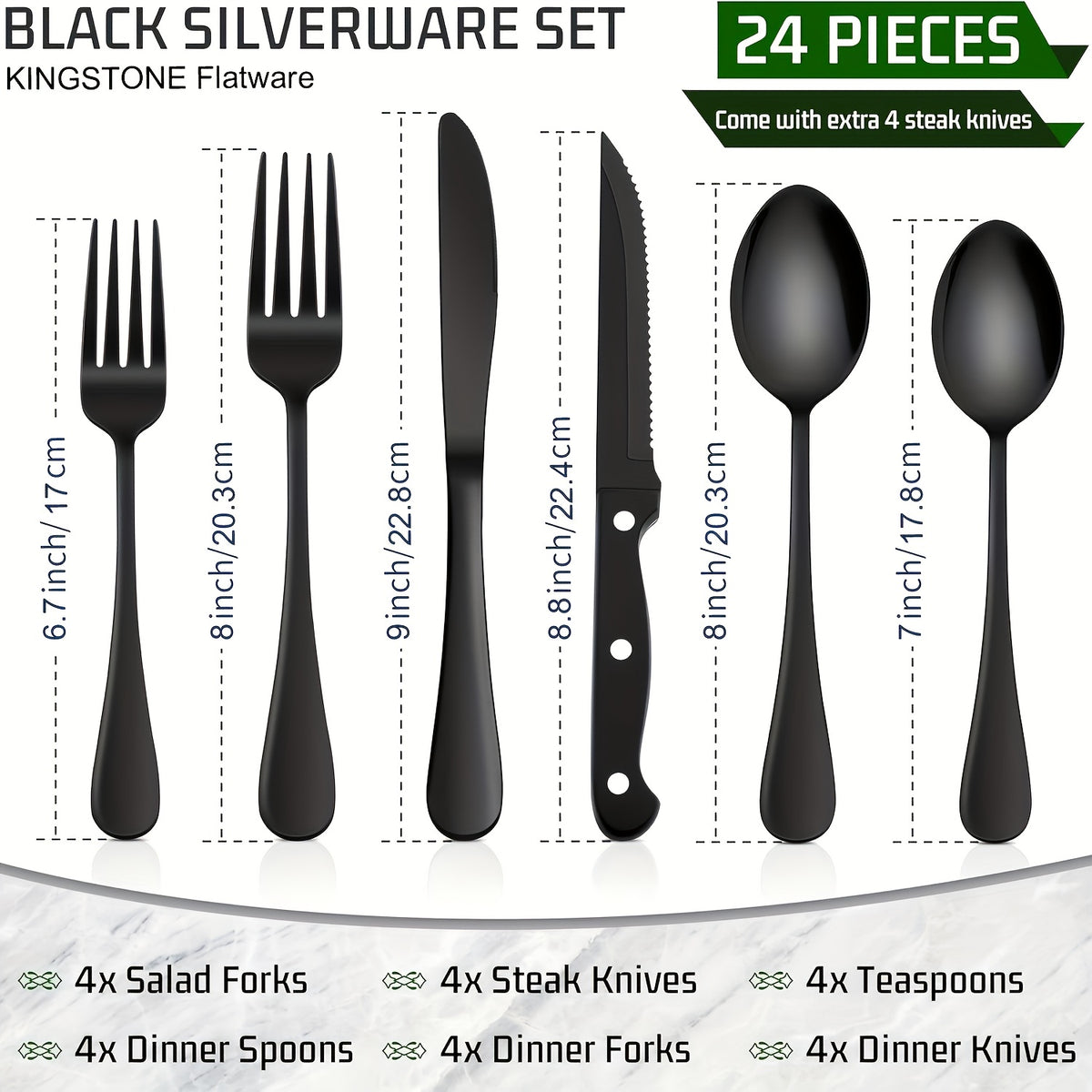 Stainless Steel Silverware Set with Steak Knives 24 or 48 Piece – Mirror Polished Flatware Set Dishwasher Safe for 4 or 8 Silver Black