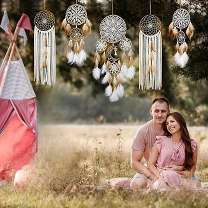 Dream Catcher 5 Pack Large Handmade Boho Wall Decor with Moon & Sun Design – Camel Feather Wall Hanging for Bedroom, Nursery & Living Room – Perfect Christmas & Thanksgiving Gift