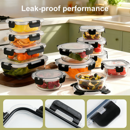 Glass Meal Prep Containers 12-Pack Thickened with Lids, Airtight Leak-Proof Glass Food Storage Containers for Lunch, Microwave Oven Freezer & Dishwasher Safe Bento Boxes for Kitchen Pantry
