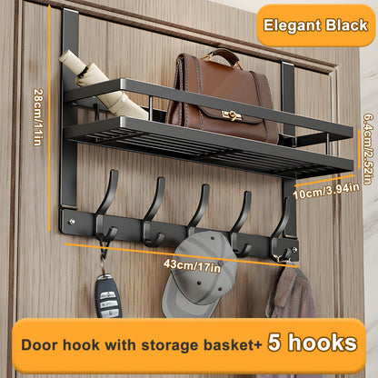 Behind Door Hook Rack No Drill – Heavy Duty Metal Door Hanger Organizer with 5 6 or 8 Hooks, Space-Saving Storage for Clothes Bags Keys, Bedroom Bathroom Entryway Wardrobe, Modern Design