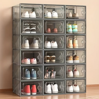 Stackable Shoe Boxes Clear Plastic with Lid Foldable Sneaker Storage Organizer – Space-Saving Transparent Shoe Rack Containers for Entryway & Bedroom, 6, 12 & 24 Pack in White, Black & Grey