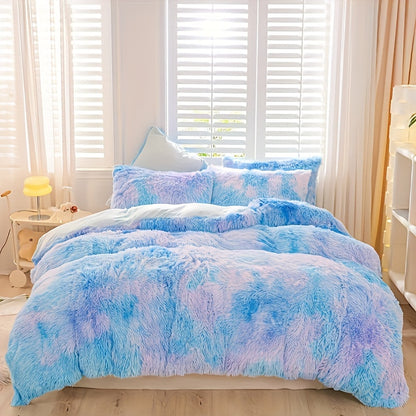 Plush Duvet Cover Set 3-Piece – Soft Fuzzy Comforter Cover with 2 Pillowcases, Cozy Warm Bedding for Bedroom & Dorm, Twin Full Queen King, 14 Colors including Solid & Tie Dye