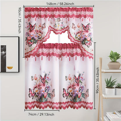 Butterfly Kitchen Curtains 3 Piece Set Floral Sheer Cafe Curtains for Kitchen, Bathroom, Living Room & Bedroom – Lightweight Polyester, 4 Colors, 58x36" + 36x29" Panels