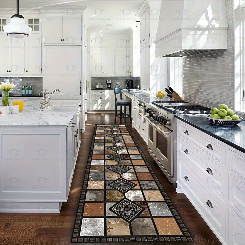 Crystal Velvet Kitchen Mat Non-Slip – Luxury Marble Pattern Machine Washable Polyester Rug for Kitchen Bathroom Bedroom Corridor, White Beige Brown, Multiple Sizes